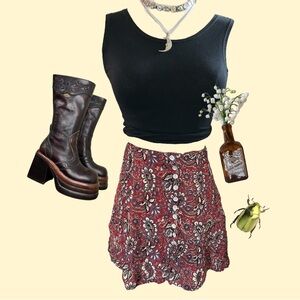 Vintage 80s 90s purple burgundy paisley floral mini skirt